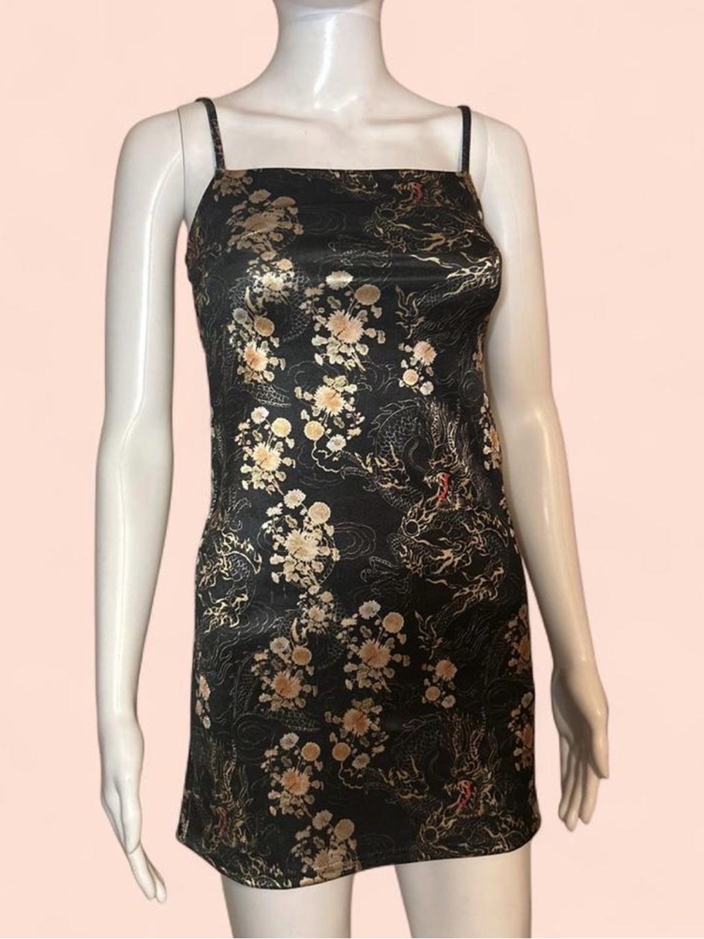 Urban Outfitters Black Satin Floral Mini Dress with Gold Detail